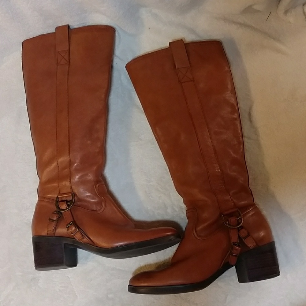 Ralph Lauren Calvina Tall Boots 8 Caramel w Brass